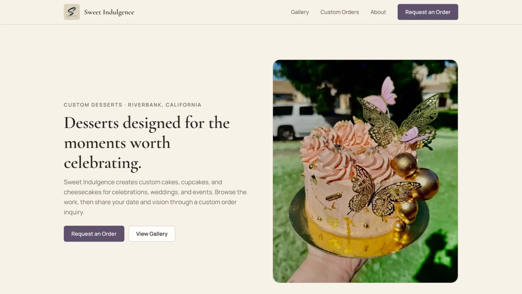Sweet Indulgence homepage featuring a custom butterfly celebration cake